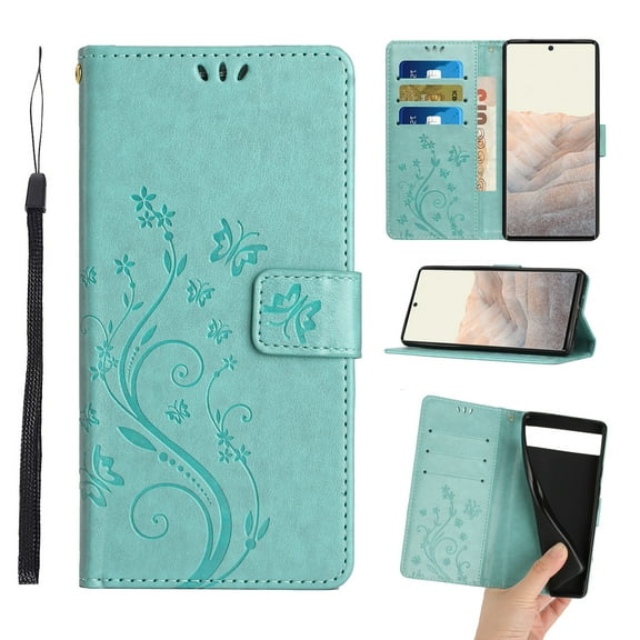 Dteck Google Pixel 7 Pro Case, Magnetic Closure Wallet RFID Blocking Premium Leather with Card Slots Stand Folio Flip Emboss Wrist Strap Cover for Google Pixel 7 Pro 5G (2022), Green