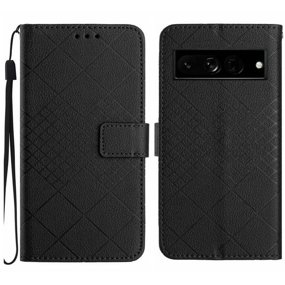 Dteck for Google Pixel 7 Pro Magnetic Case, Premium PU Leather Folio Flip Wallet Case with Card Holder Cash Slot Lanyard Strap Kickstand Function Embossed Pattern Slim Shockproof Cover, black