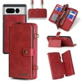 thumbnail image 1 of Dteck for Google Pixel 7 Pro Wallet Phone case, PU Leather Multi-Function Detachable 2 in 1 Magnetic Card Holder Kickstand Zipper Shoulder Strap Purse Cover, Red, 1 of 7