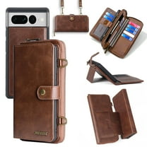 Dteck for Google Pixel 7 Pro Wallet Phone case, PU Leather Multi-Function Detachable 2 in 1 Magnetic Card Holder Kickstand Zipper Shoulder Strap Purse Cover, Brown