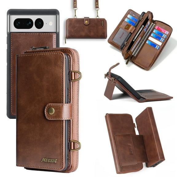 Dteck for Google Pixel 7 Pro Wallet Phone case, PU Leather Multi-Function Detachable 2 in 1 Magnetic Card Holder Kickstand Zipper Shoulder Strap Purse Cover, Brown