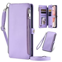 Dteck for Google Pixel 7 Wallet Case, Crossbody Zipper Purse with Wrist for Women Men, 8-Card Slots Holder PU Leather Kickstand Flip Cover Phone Case,Purple