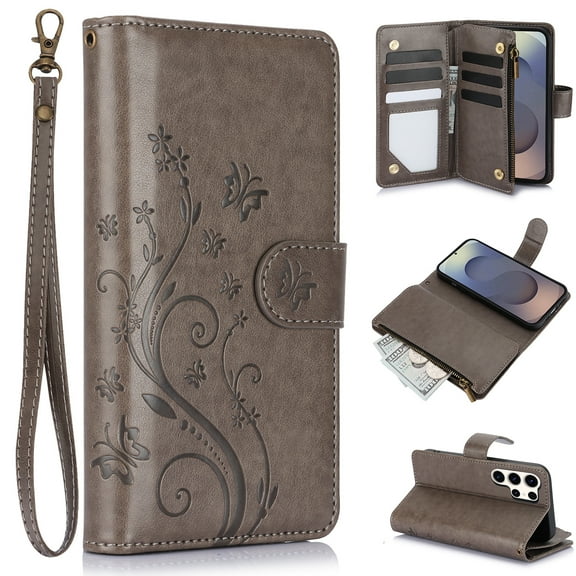 Dteck for Google Pixel 7 Wallet Case, Embossed Butterfly PU Leather Phone Case Women Men Flip Cover Wrist Strap Zipper Credit Card Holder Slots for Google Pixel 7,Gray