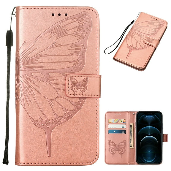 Dteck Google Pixel 7 Wallet Case, Magnetic Closure Flip PU Leather Wrist Strap Credit Card Holder Slots With Kickstand Butterfly Patterned Shockproof Cover For Google Pixel 7, Rosegold
