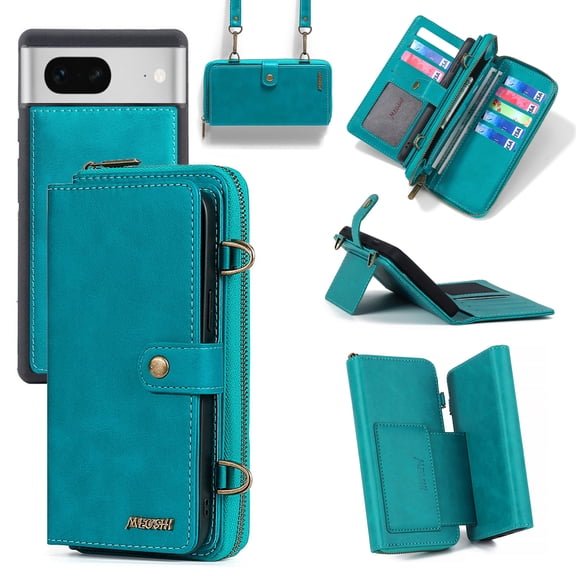 Dteck for Google Pixel 7 Wallet Phone case, PU Leather Multi-Function Detachable 2 in 1 Magnetic Card Holder Kickstand Zipper Shoulder Strap Purse Cover, Blue