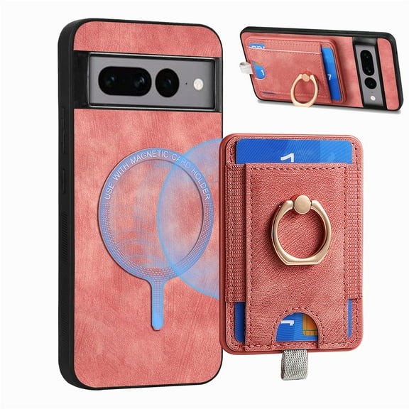 Dteck for Google Pixel 7A Case, 2 in 1 Magnetic Wallet with Phone Grip, Compatible with MagSafe, Detachable Premium PU Leather Magnetic Case with Card Slots Ring Holder,Pink