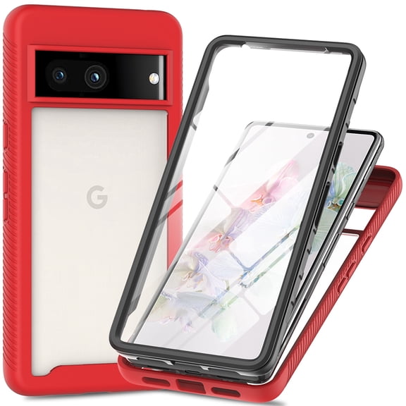Dteck for Google Pixel 7A Case with Built-in Screen Protector, Hybrid TPU Bumper Shockproof Rugged Case with Cystal Clear Back Cover for Google Pixel 7A 2023,Red