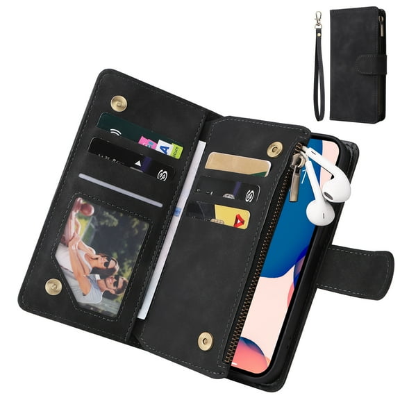 Dteck for Google Pixel 7A Case, Pixel 7A Wallet Case with Card Slots Wristlet Strap, Zipper Purse Portable Handbag PU Leather Flip Folio Protective Case for Google Pixel 7A 2023,Black