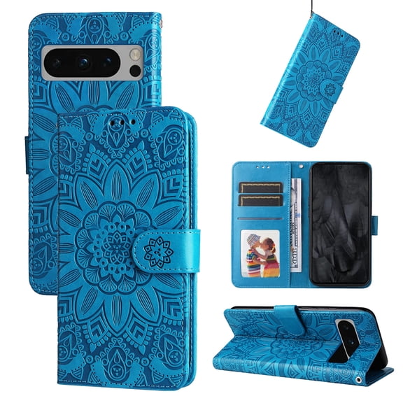 Dteck for Google Pixel 7A Wallet Wireless Charging Case, Shockproof PU Leather Protective Case Emboss Sunflower Folio Magnetic Card Slots Holder Kickstand Wrist Strap Flip Case, blue
