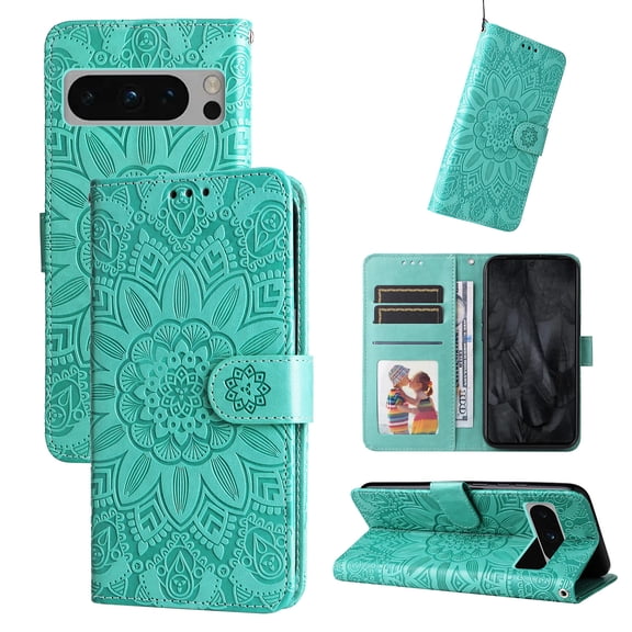 Dteck for Google Pixel 7A Wallet Wireless Charging Case, Shockproof PU Leather Protective Case Emboss Sunflower Folio Magnetic Card Slots Holder Kickstand Wrist Strap Flip Case, green
