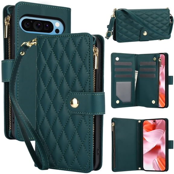 Dteck for Google Pixel 8 Case, Crossbody Shoulder Strap RFID Blocking Shockproof Magnetic Closure Flip Stand Card Slot Wallet Zipper Lanyard Phone Case Cover, Green
