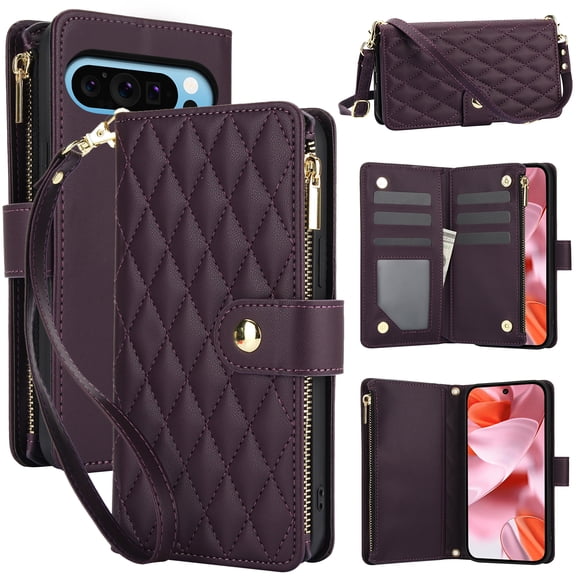 Dteck for Google Pixel 8 Case, Crossbody Shoulder Strap RFID Blocking Shockproof Magnetic Closure Flip Stand Card Slot Wallet Zipper Lanyard Phone Case Cover, Darkpurple