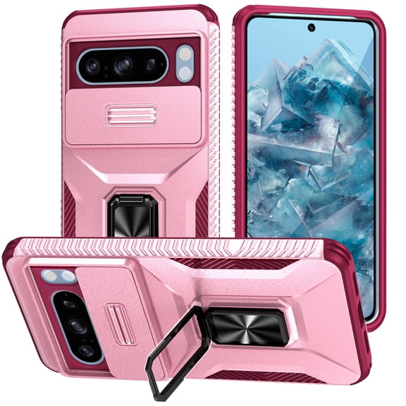 Dteck for Google Pixel 8 Case with Slide Camera Protector, Rotating Ring Kickstand Military Grade Shockproof Heavy Duty Protective Cover for Google Pixel 8,Pink