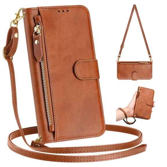 Dteck for Google Pixel 8 Case for Women, Crossbody Wallet Phone Case with Card Holder, PU Leather Magnetic Closure Flip Zipper Strap Wallet Phone Case,Brown