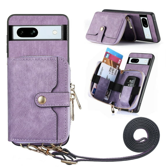 Dteck Google Pixel 8 Crossbody Wallet Case, Zipper PU Leather Phone Case with Card Holder Wrist Strap Purse Cover for Google Pixel 8,Purple