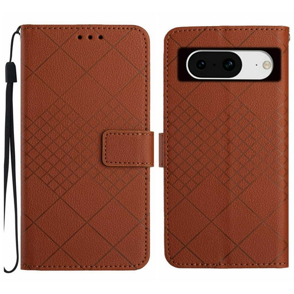 Dteck for Google Pixel 8 Magnetic Case, Premium PU Leather Folio Flip Wallet Case with Card Holder Cash Slot Lanyard Strap Kickstand Function Embossed Pattern Slim Shockproof Cover, brown