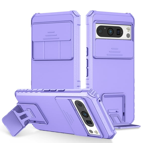 Dteck for Google Pixel 8 Pro 5G Case, Military Grade Dual Layer Heavy Duty Shockproof Full Body Slide Camera Lens Protective Built in Foldable Kickstand Phone Cover, Purple