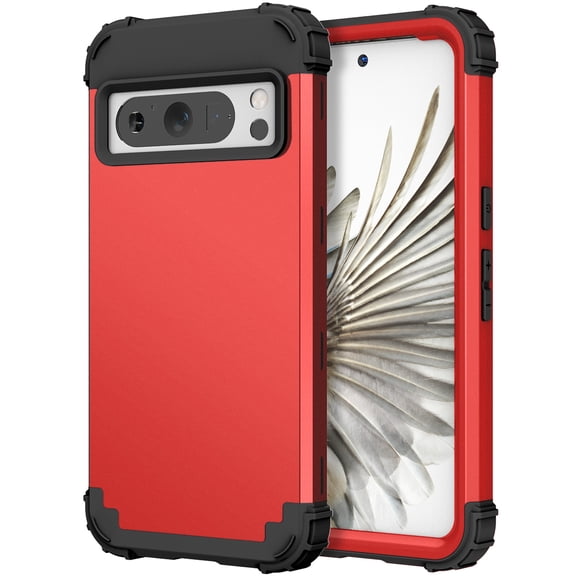Dteck for Google Pixel 8 Pro Armor Case, 3 in 1 Heavy Duty Shockproof Hybrid Hard PC Soft Rubber Drop Protection Slim Fit Hybrid Protective Cover Case, red