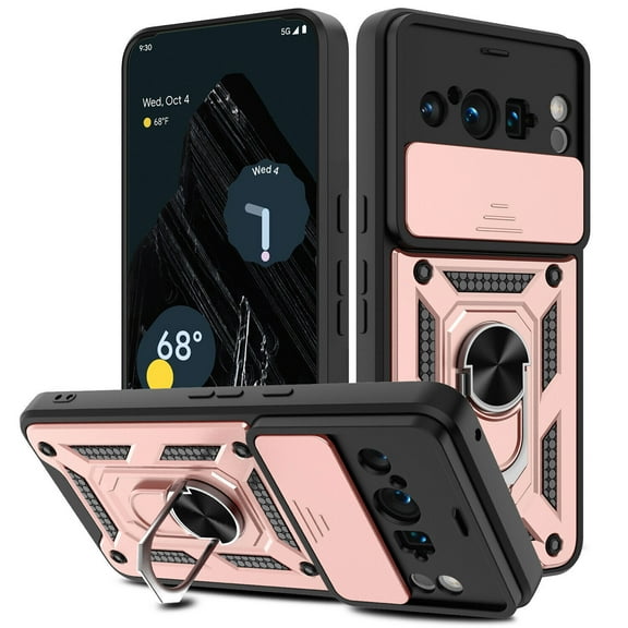 Dteck for Google Pixel 8 Pro Bracket Shell Case, Shockproof Heavy Duty Kickstand Rotate Ring Stand Magnetic with Car Mount Holder Slide Lens Cover Rugged Case, rosegold
