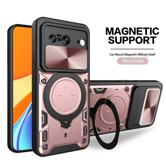 Dteck for Google Pixel 8 Pro Slide Lens Protection Case, Shockproof Magnetic Metal Ring Holder Kickstand Support Magnetic Shell, Heavy Duty Hybrid TPU PC Dual Layer Phone Cover, pink