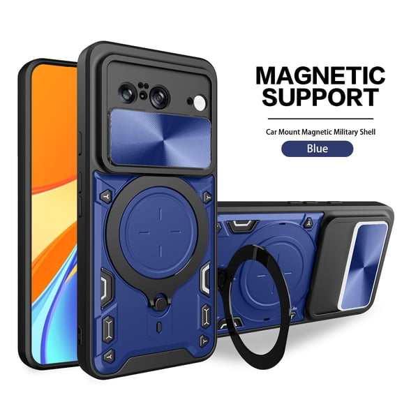 Dteck for Google Pixel 8 Slide Lens Protection Case, Shockproof Magnetic Metal Ring Holder Kickstand Support Magnetic Shell, Heavy Duty Hybrid TPU PC Dual Layer Phone Cover, blue