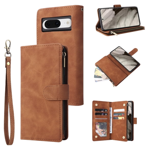 Dteck for Google Pixel 8 Wallet Case, Soft Leather Zipper Wallet Case Magnetic Buckle Flip Cover with 5 Card Slots/Photo Pocks/Lanyard Strap for Google Pixel 8 2023, brown