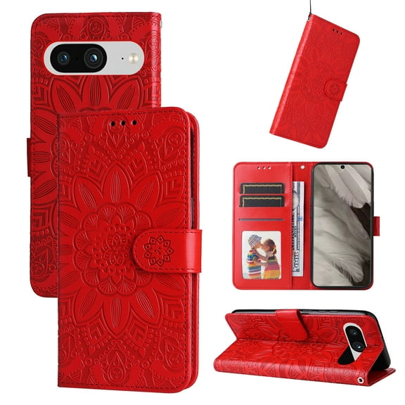 Dteck for Google Pixel 8 Wallet Wireless Charging Case, Shockproof PU Leather Protective Case Emboss Sunflower Folio Magnetic Card Slots Holder Kickstand Wrist Strap Flip Case, red