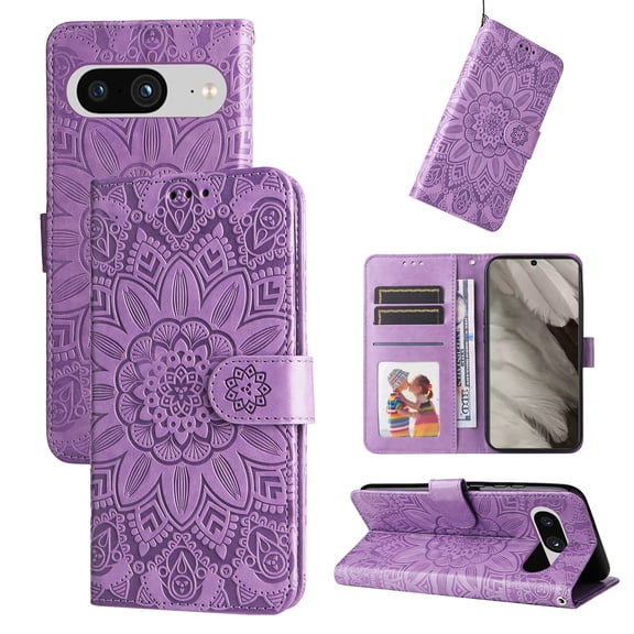Dteck for Google Pixel 8 Wallet Wireless Charging Case, Shockproof PU Leather Protective Case Emboss Sunflower Folio Magnetic Card Slots Holder Kickstand Wrist Strap Flip Case, purple