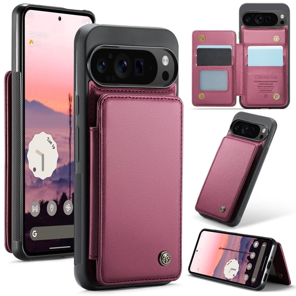Dteck for Google Pixel 9 / 9 Pro Case with Card Holder, Magnetic Business Leather Wallet Case for Women Men with RFID Blocking Kickstand Shockproof Cover for Google Pixel 9 / 9 Pro,Winered