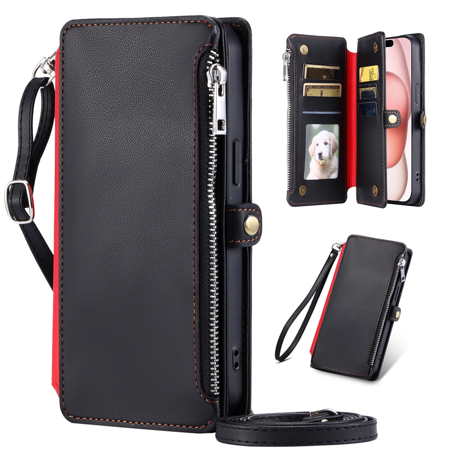 Dteck for Google Pixel 9 / 9 Pro Wallet Case, Crossbody Zipper Purse with Wrist for Women Men, 8-Card Slots Holder PU Leather Kickstand Flip Cover Phone Case,Black