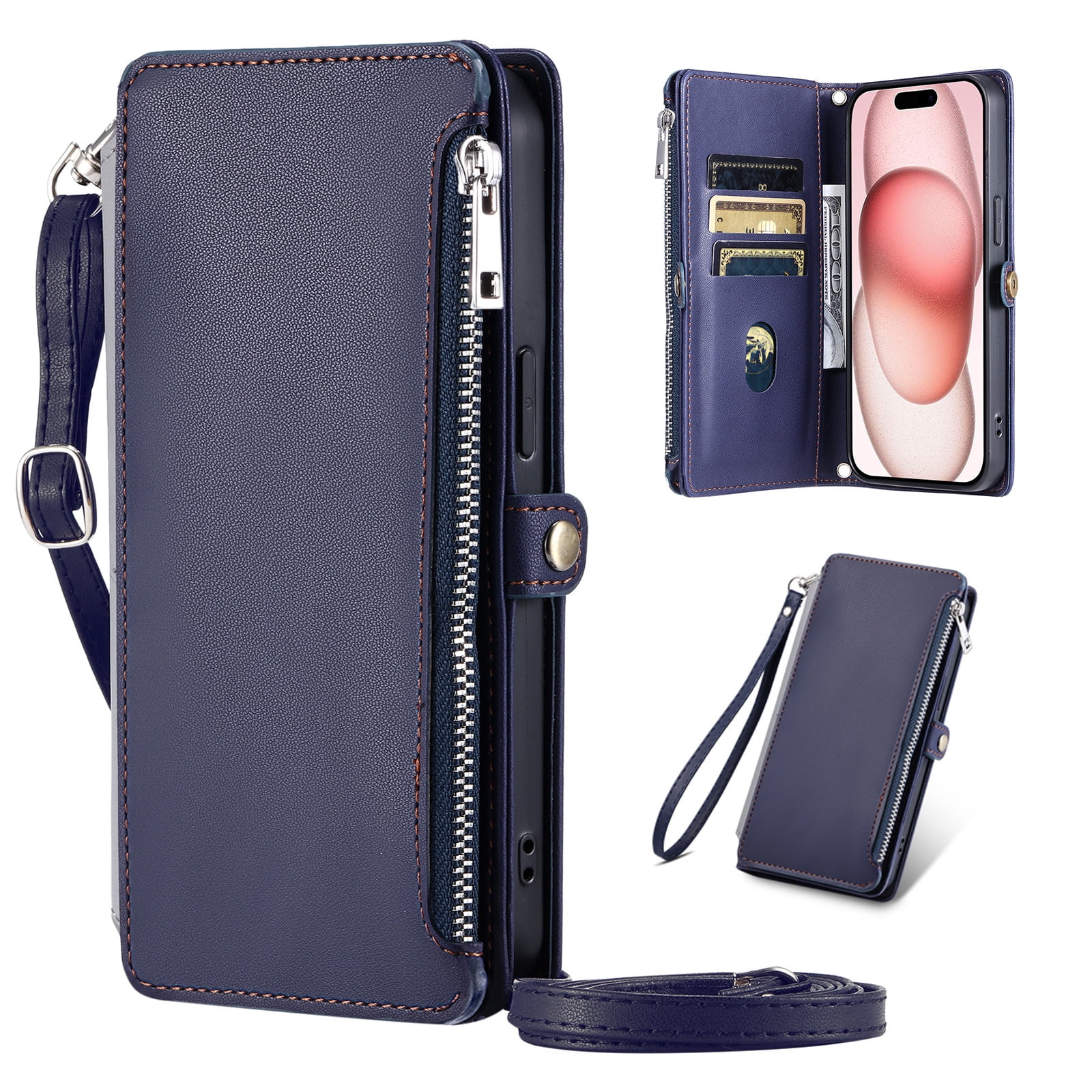Dteck for Google Pixel 9 / 9 Pro Wallet Case, Crossbody Zipper Purse with Wrist for Women Men, 8-Card Slots Holder PU Leather Kickstand Flip Cover Phone Case,Blue