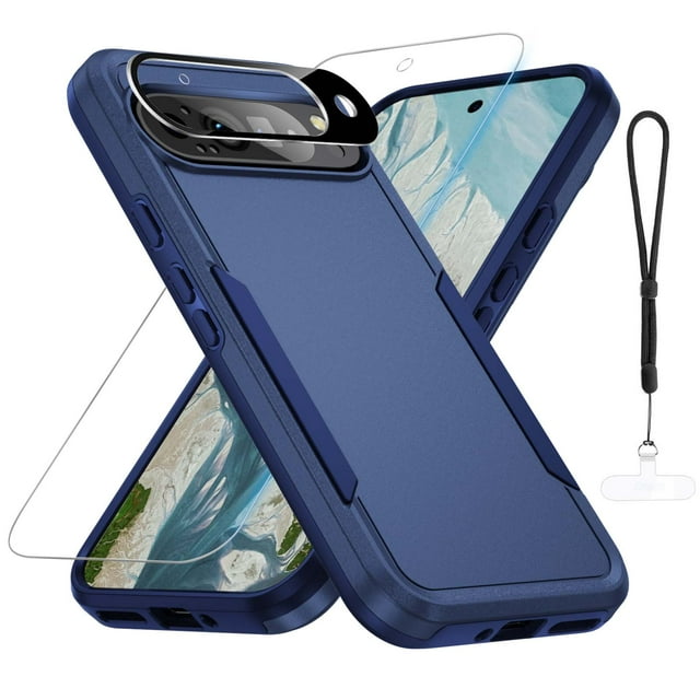 Dteck for Google Pixel 9 Case with Screen Protector + Camera Lens Protector, ,Heavy Duty Shockproof Full Body Protective Phone Cover for Pixel 9 6.3 Inch 2024,Blue