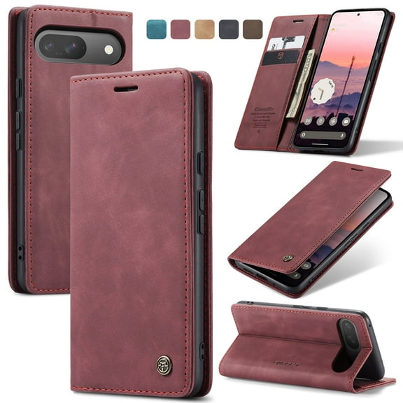 Dteck for Google Pixel 9 Pro / 9 Wallet Case,Vintage PU Leather Wallet Card Slot Kickstand Magnetic Closure RFID Blocking Shockproof Flip Folio Case Cover, Winered