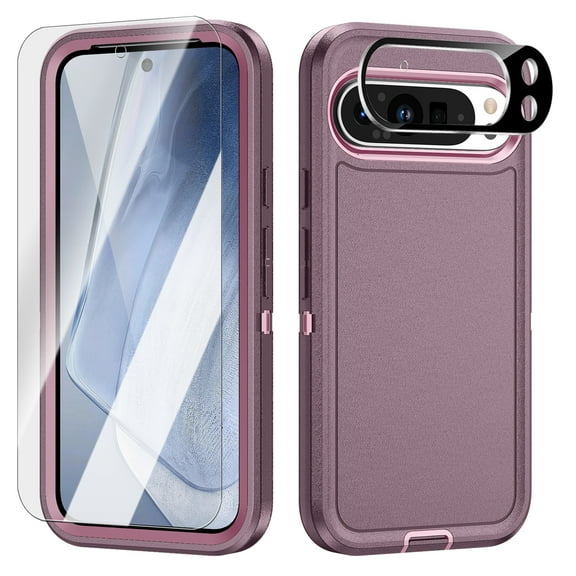 Dteck for Google Pixel 9 Pro Case with Screen Protector + Camera Lens Protector, Heavy Duty Drop Protection Full Body Rugged Shockproof Military Protective Tough Durable Cell Phone Cover,Purple