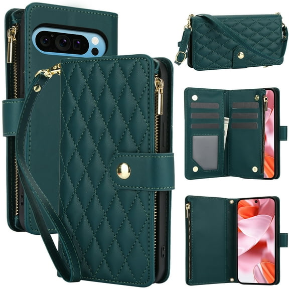 Dteck for Google Pixel 9 Pro XL Case, Crossbody Shoulder Strap RFID Blocking Shockproof Magnetic Closure Flip Stand Card Slot Wallet Zipper Lanyard Phone Case Cover, Green