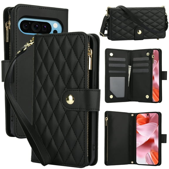 Dteck for Google Pixel 9 Pro XL Case, Crossbody Shoulder Strap RFID Blocking Shockproof Magnetic Closure Flip Stand Card Slot Wallet Zipper Lanyard Phone Case Cover, Black