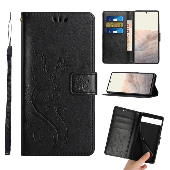 Dteck for Google Pixel 9 Pro XL Case, Magnetic Closure Wallet RFID Blocking Premium Leather with Card Slots Stand Folio Flip Emboss Wrist Strap Cover for Google Pixel 9 Pro XL 5G (2024), Black