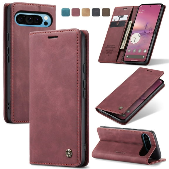 Dteck for Google Pixel 9 Pro XL Wallet Case,Vintage PU Leather Wallet Card Slot Kickstand Magnetic Closure RFID Blocking Shockproof Flip Folio Case Cover, Winered