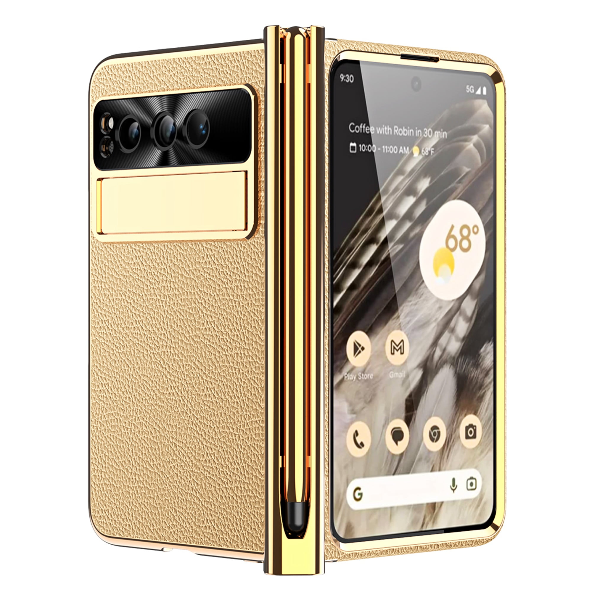 Dteck for Google Pixel Fold Case with Built-in Tempered Glass Screen Protector, Full Body Hinge Protection Shockproof Case with Pen Slot for Pixel Fold, Gold