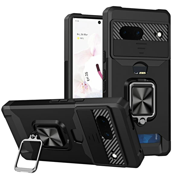 Dteck for Google Pixle 7 Case with Sliding Camera Protector Lens Cover, Pixel 7 Wallet Case with Card Holder Rotating Ring Holder Stand Hybrid Bumper Shockproof Rugged Case,Black