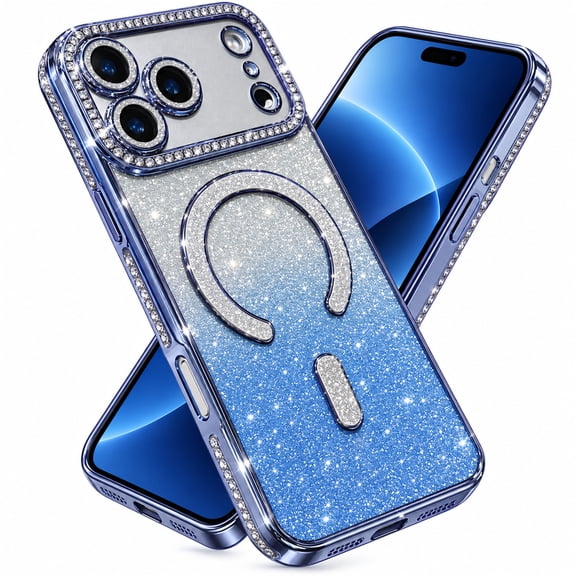 Dteck Gradient Bling Glitter Paper Magnetic Case for iPhone 18 Pro Max, Shockproof Compatible with Magsafe Accessory Sparkly Shiny Diamond Plated Frame Soft TPU Rubber Cover, Blue