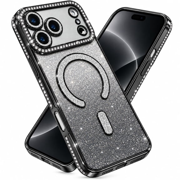 Dteck Gradient Bling Glitter Paper Magnetic Case for iPhone 18 Pro Max, Shockproof Compatible with Magsafe Accessory Sparkly Shiny Diamond Plated Frame Soft TPU Rubber Cover, Black