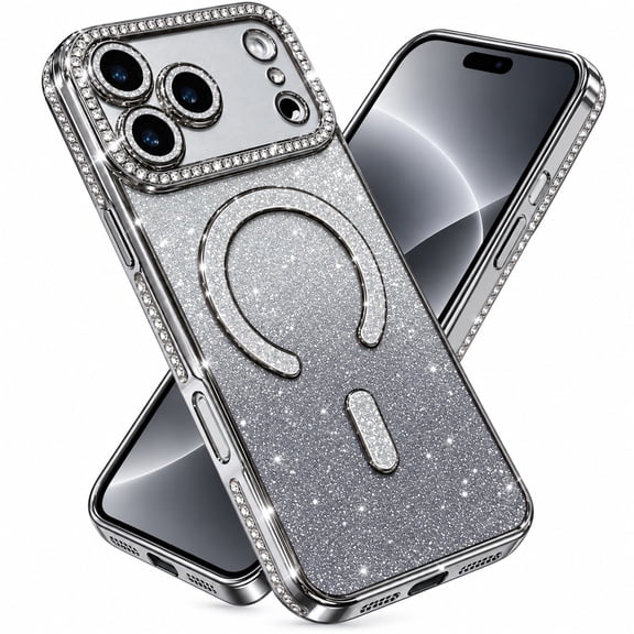 Dteck Gradient Bling Glitter Paper Magnetic Case for iPhone 18 Pro, Shockproof Compatible with Magsafe Accessory Sparkly Shiny Diamond Plated Frame Soft TPU Rubber Cover, Silver