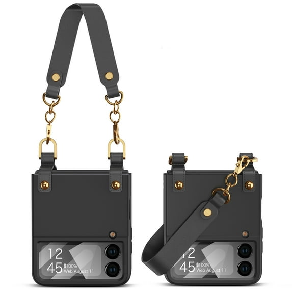 Dteck Handbag Case for Samsung Galaxy Z Flip 4, Z Flip4 Case with Wrist Hand Strap, Galaxy Z Flip 4 Case with Built-in Camera Screen Protector, Ultra Slim Protective Hard Case, Black