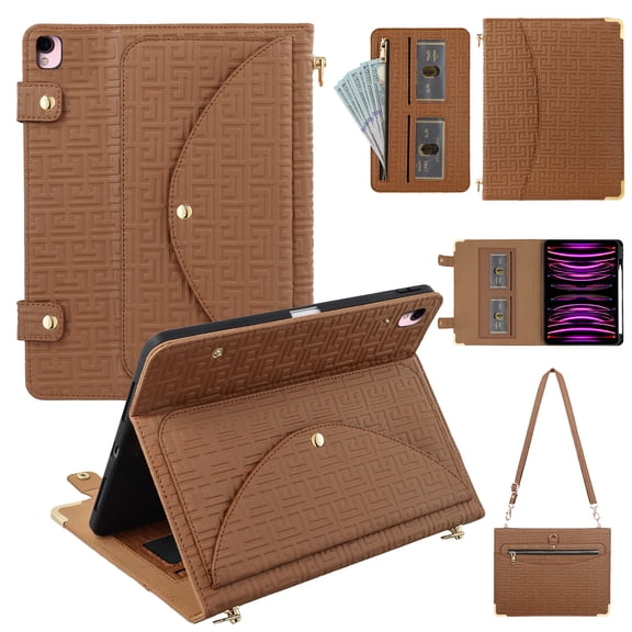 Dteck Handbag Case for iPad 9th/8th/7th Generation 2021/2020/2019 10.2 Inch with Pencil Holder, Folio Stand PU Leather Crossbody Shoulder Hand Strap Card Pockets Magnetic Envelope Wallet Cover, Brown