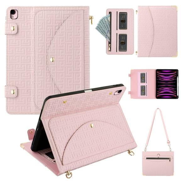 Dteck Handbag Case for iPad 9th/8th/7th Generation 2021/2020/2019 10.2 Inch with Pencil Holder, Folio Stand PU Leather Crossbody Shoulder Hand Strap Card Pockets Magnetic Envelope Wallet Cover, Pink