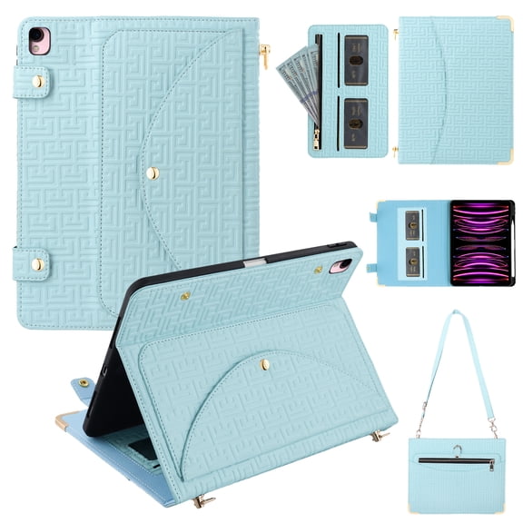 Dteck Handbag Case for iPad 9th/8th/7th Generation 2021/2020/2019 10.2 Inch with Pencil Holder, Folio Stand PU Leather Crossbody Shoulder Hand Strap Card Pockets Magnetic Envelope Wallet Cover, Blue