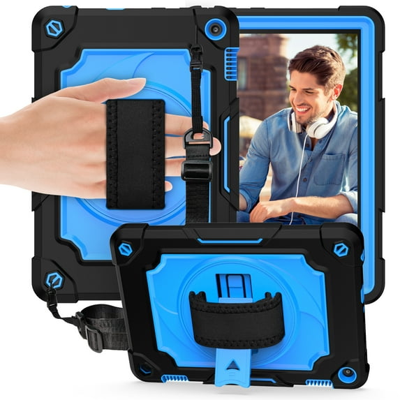 Dteck Heavy Case for Fire HD 8 Plus Tablet/ Fire HD 8 Case (10th Generation, 2020 Release), Full-body Protection Rugged Shockproof Case with 360 Rotating Stand & Shoulder Strap, Black/Blue