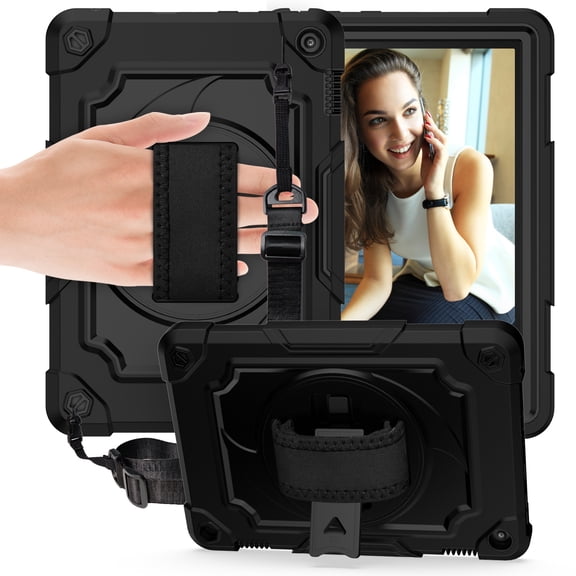 Dteck Heavy Case for Fire HD 8 Plus Tablet/ Fire HD 8 Case (10th Generation, 2020 Release), Full-body Protection Rugged Shockproof Case with 360 Rotating Stand & Shoulder Strap, Black
