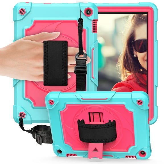 Dteck Heavy Case for Fire HD 8 Plus Tablet/ Fire HD 8 Case (10th Generation, 2020 Release), Full-body Protection Rugged Shockproof Case with 360 Rotating Stand & Shoulder Strap, Mint/Rose